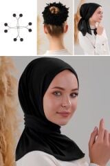 Kadın Tesettür Çıtçıtlı Şal Bone İç Başörtüsü Topuz Tokası Seti