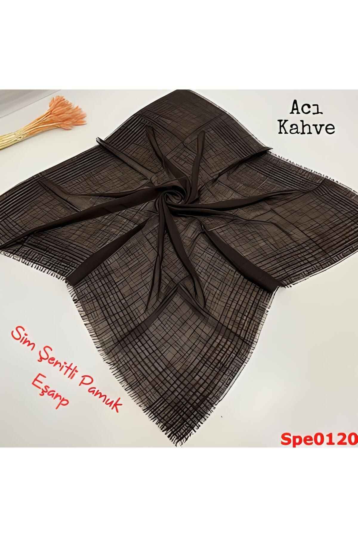 Kadın Simli Çizgili Düz Renk Eşarp Tülbent Yazma Acı Kahve - 100 x 100