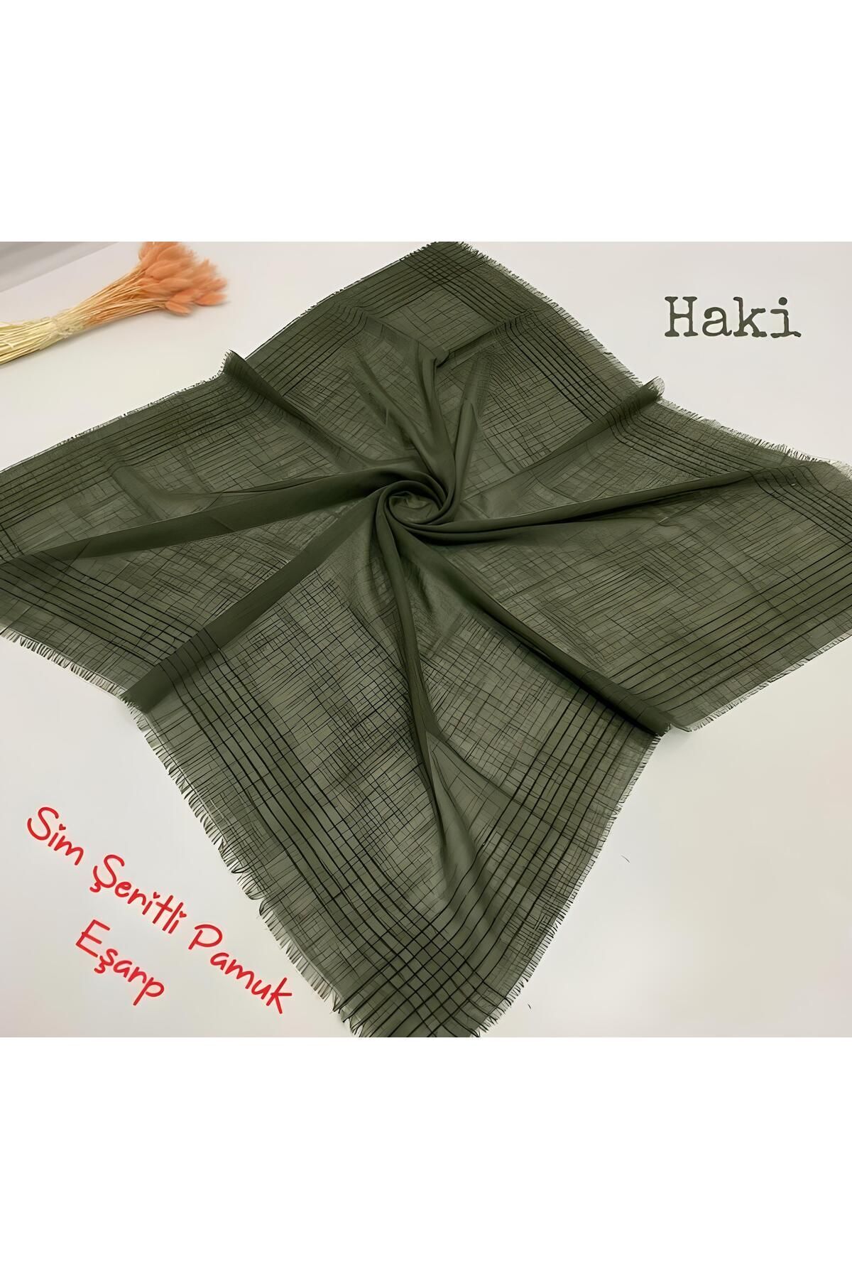 Kadın Simli Çizgili Düz Renk Eşarp Tülbent Yazma Haki - 100 x 100