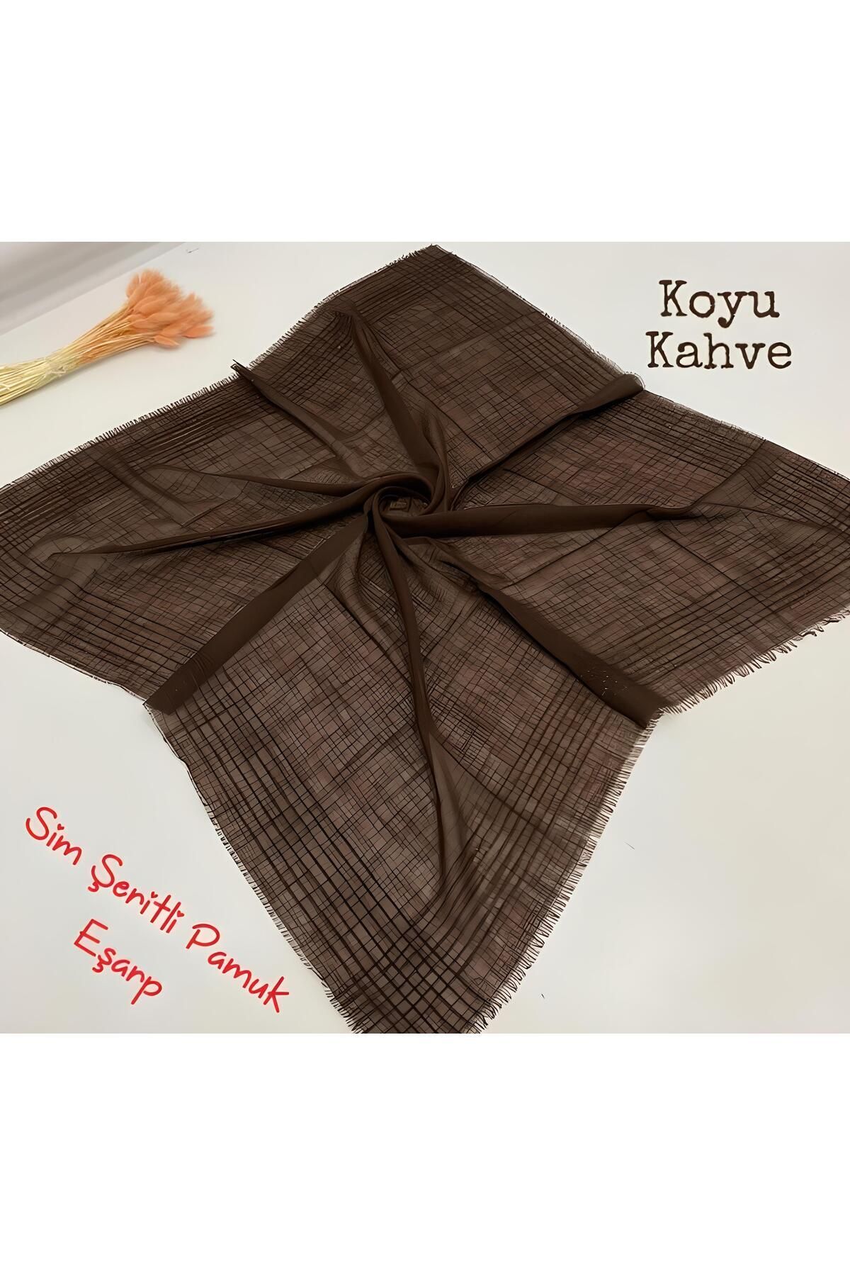 Kadın Simli Çizgili Düz Renk Eşarp Tülbent Yazma Koyu Kahve - 100 x 100