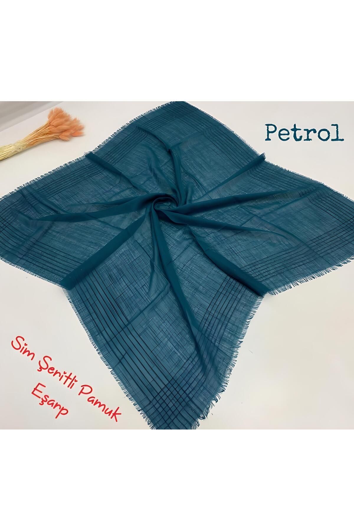 Kadın Simli Çizgili Düz Renk Eşarp Tülbent Yazma Petrol Mavisi - 100 x 100