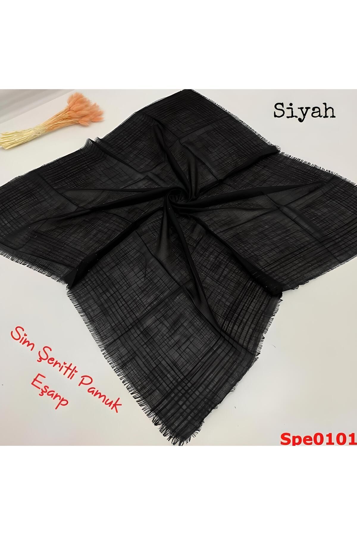 Kadın Simli Çizgili Düz Renk Eşarp Tülbent Yazma Siyah - 100 x 100