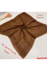 Kadın Simli Çizgili Düz Renk Eşarp Tülbent Yazma Sütlü Kahve - 100 x 100