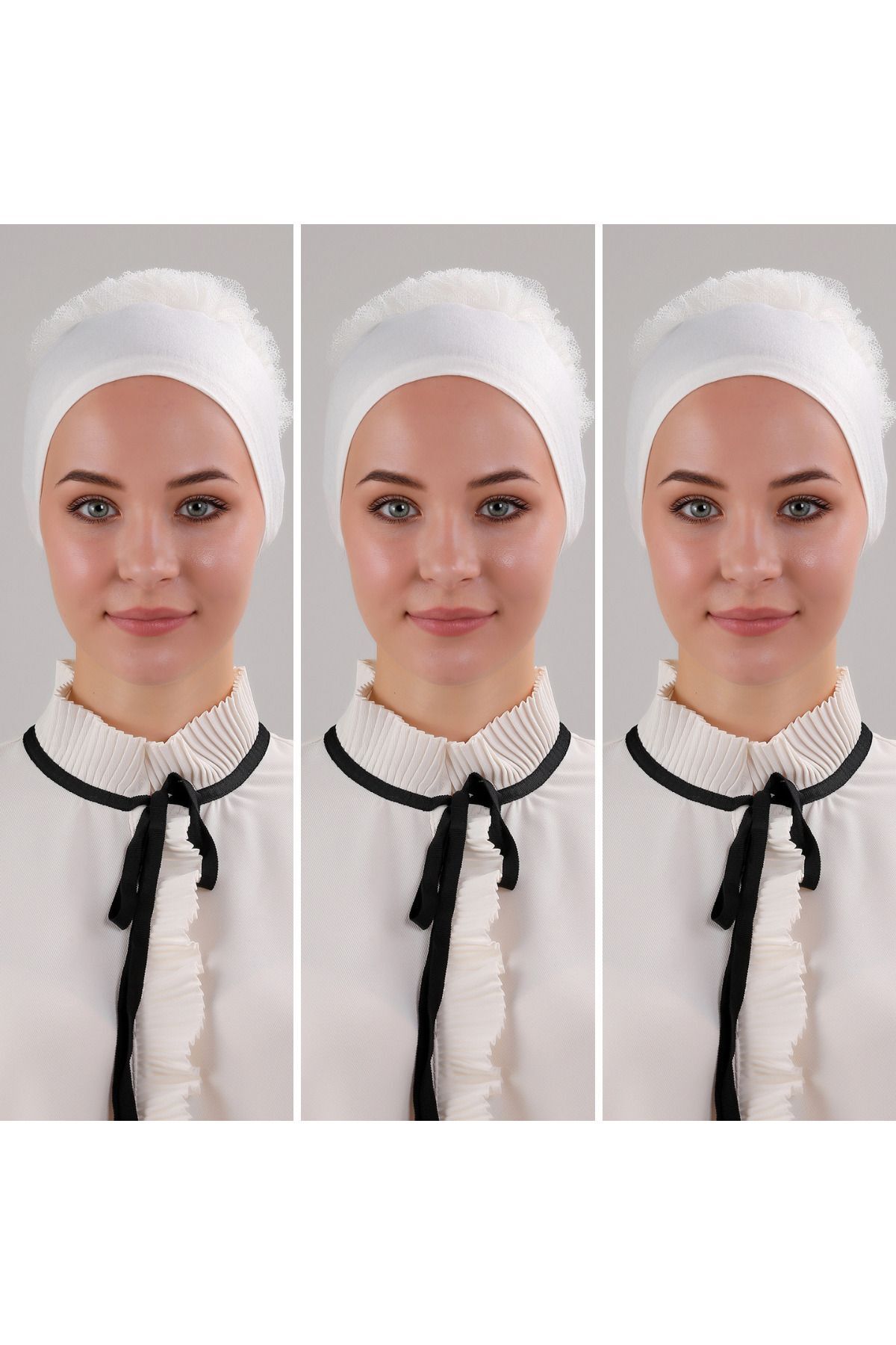 Kadın Tesettür 3'lü Fırfırlı Dikişli Bone Ekru - Standart