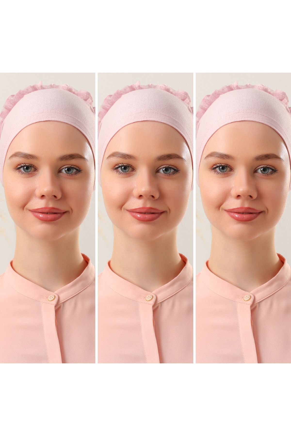 Kadın Tesettür 3'lü Fırfırlı Dikişli Bone Pudra - Standart