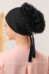 Kadın Tesettür 3'lü Fırfırlı Dikişli Bone Siyah - Standart