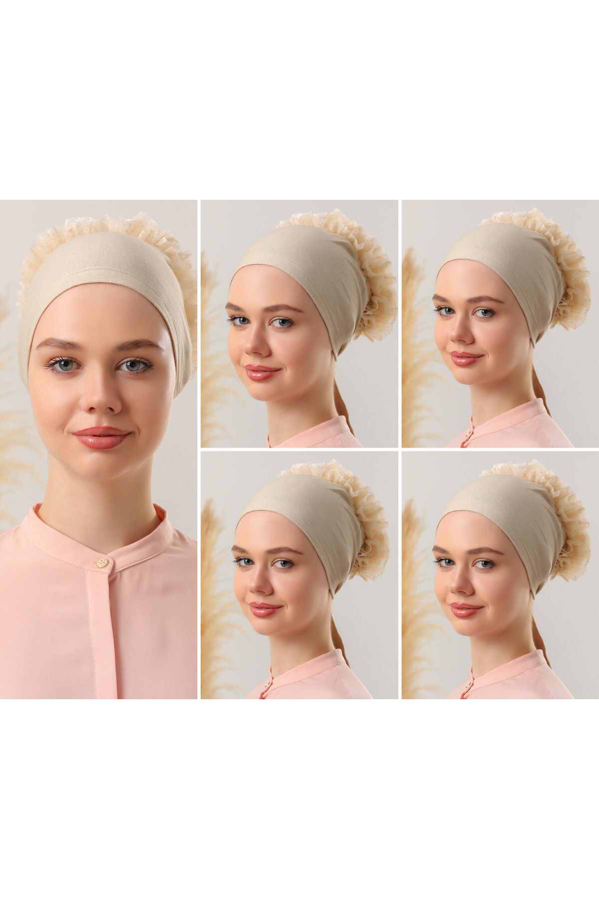 Kadın Tesettür 5'li Fırfırlı Dikişli Bone Bej - Standart