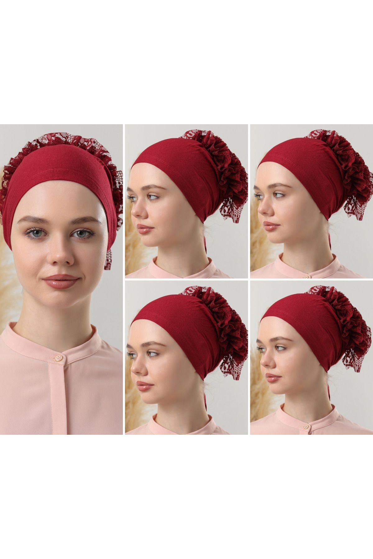 Kadın Tesettür 5'li Fırfırlı Dikişli Bone Bordo - Standart