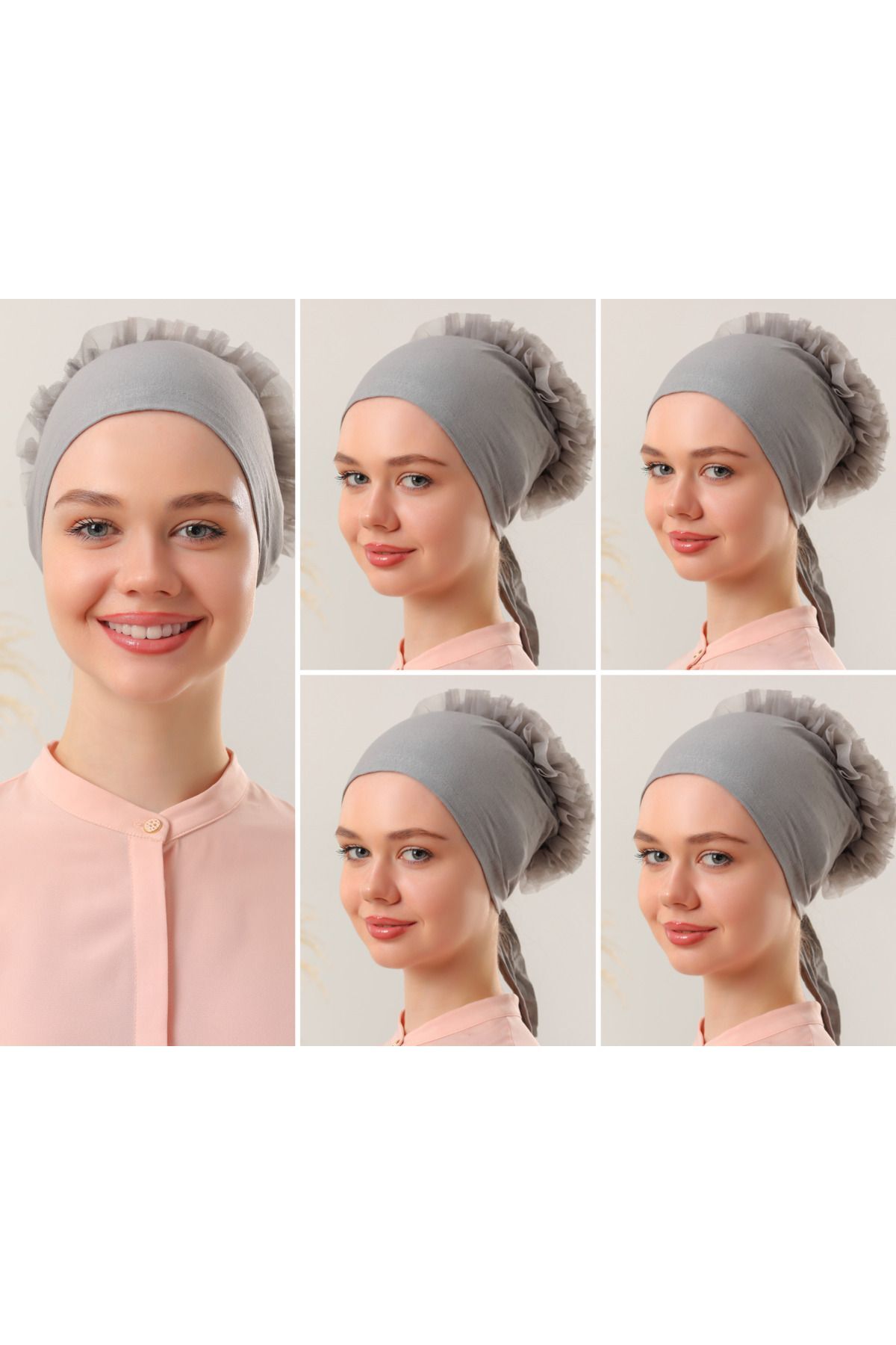 Kadın Tesettür 5'li Fırfırlı Dikişli Bone Gri - Standart