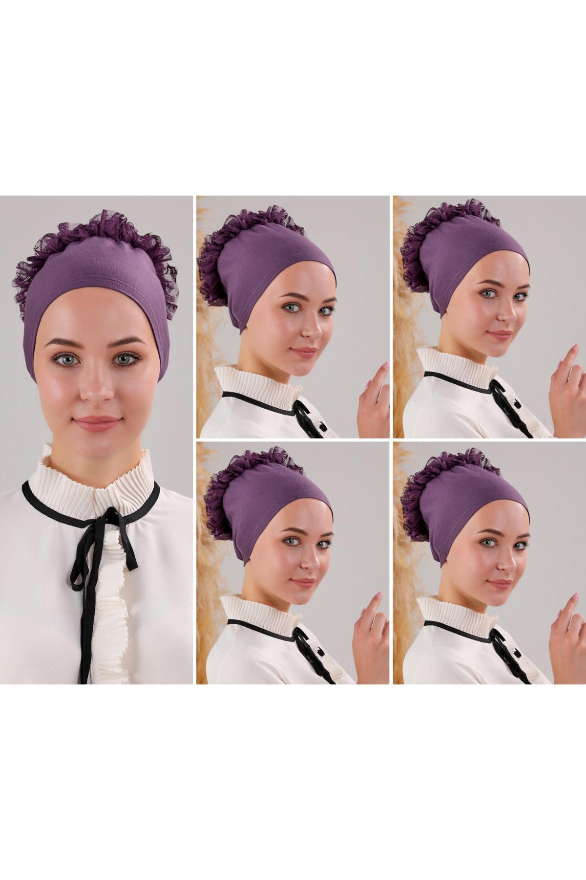 Kadın Tesettür 5'li Fırfırlı Dikişli Bone Mor - Standart