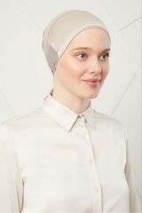 Kadın Tesettür Bağlamalı Saten Bone Taş Rengi - Standart