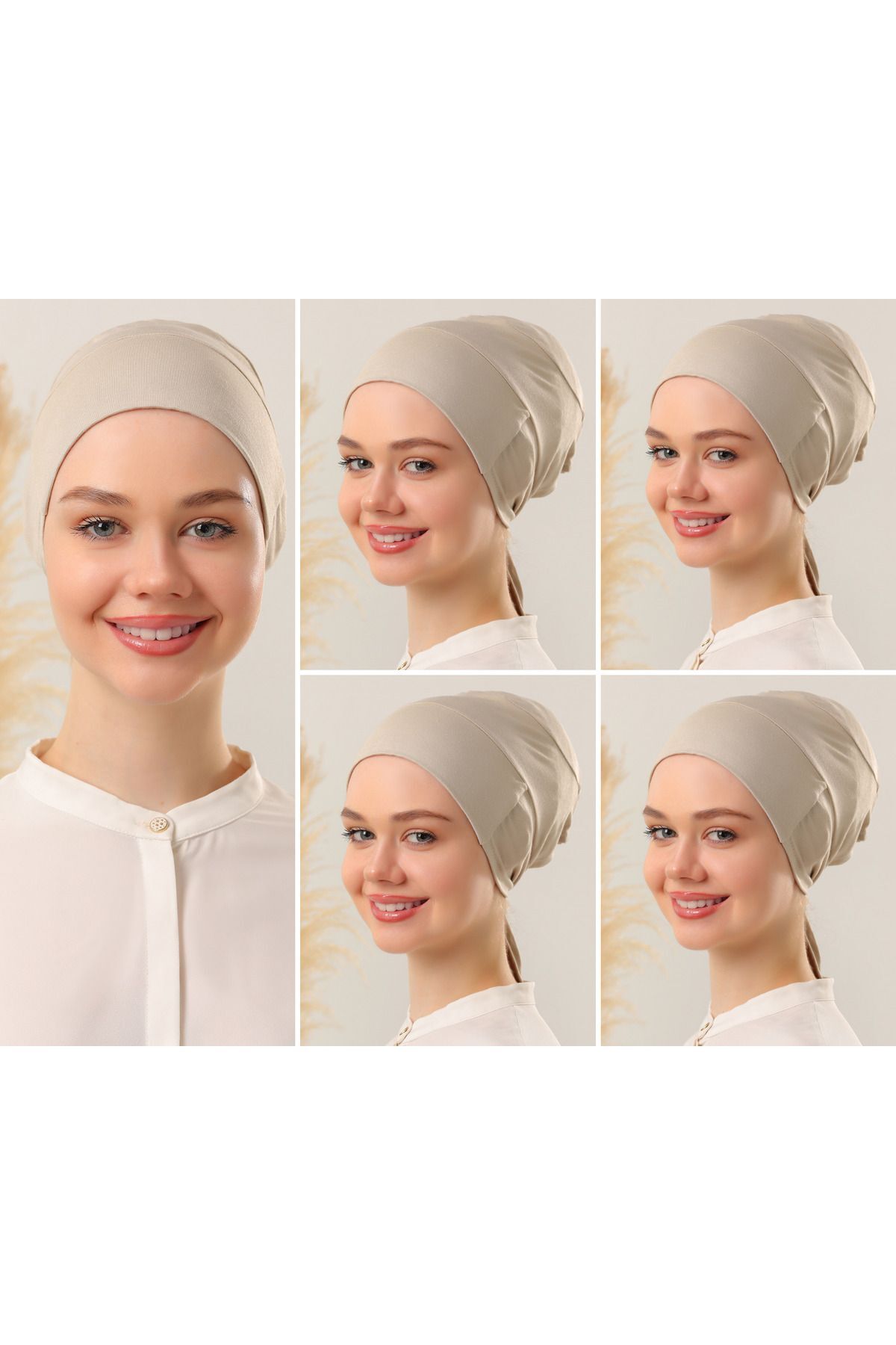 Kadın Tesettür Dikişsiz Set Bone Bağlamalı Penye Bone Bej - 5 Adet