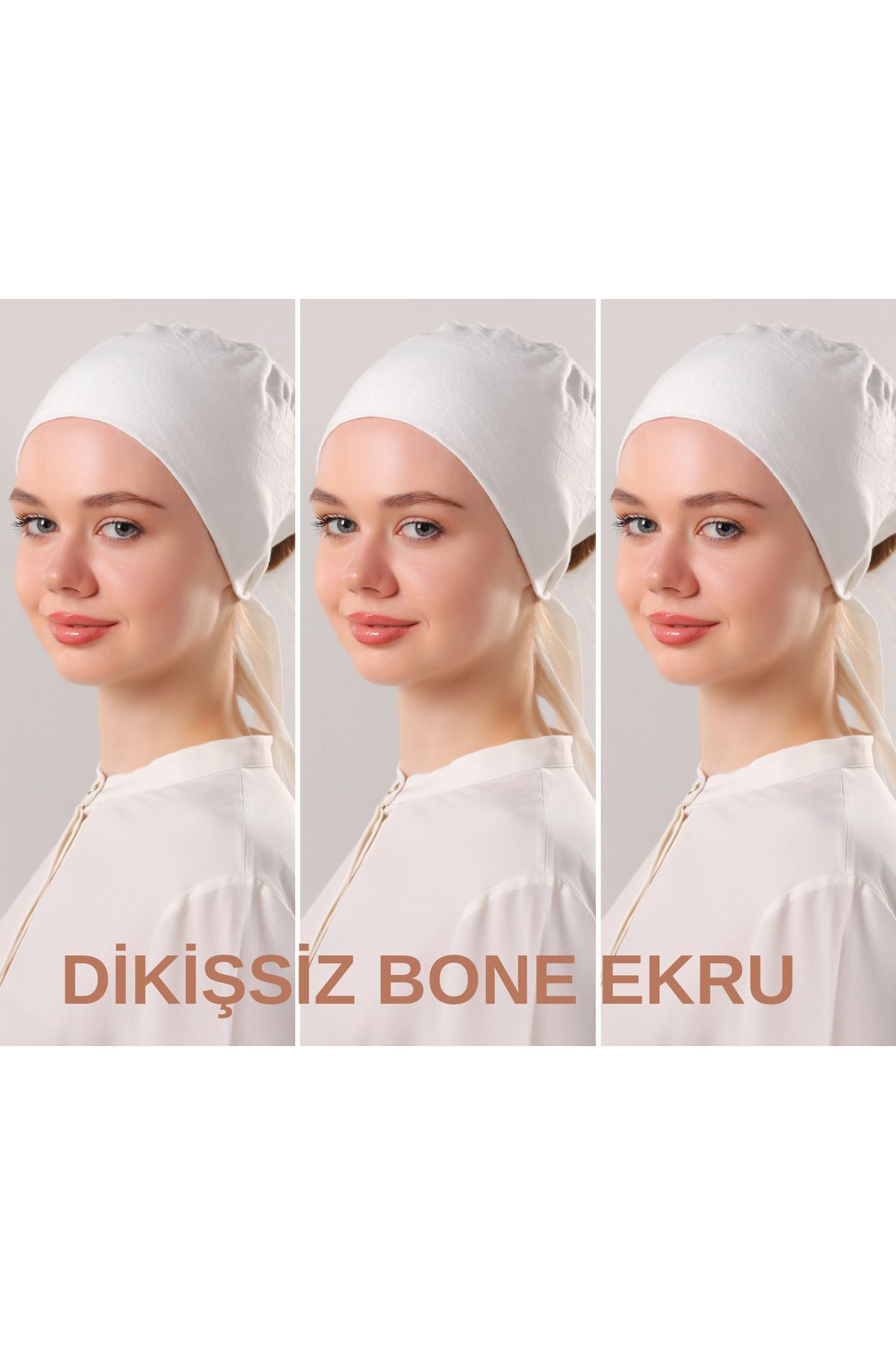 Kadın Tesettür Dikişsiz Set Bone Bağlamalı Penye Bone Ekru - 3 Adet