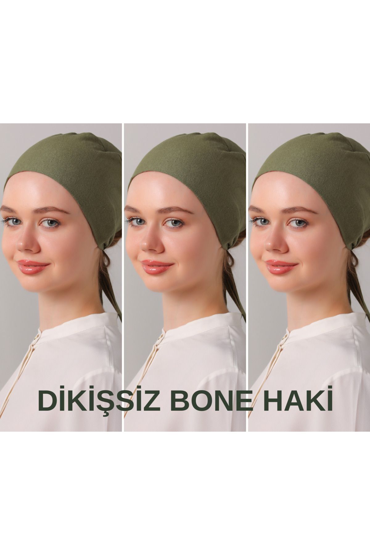 Kadın Tesettür Dikişsiz Set Bone Bağlamalı Penye Bone Haki - 3 Adet