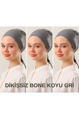 Kadın Tesettür Dikişsiz Set Bone Bağlamalı Penye Bone Koyu Gri - 3 Adet