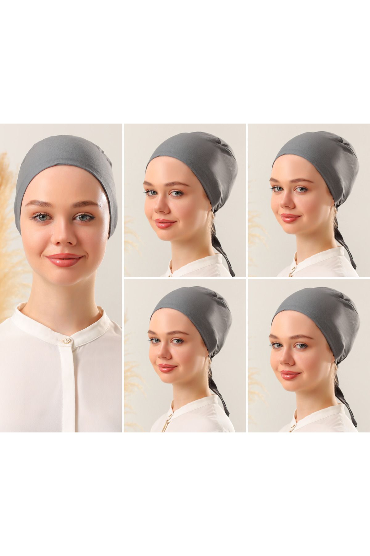 Kadın Tesettür Dikişsiz Set Bone Bağlamalı Penye Bone Koyu Gri - 5 Adet