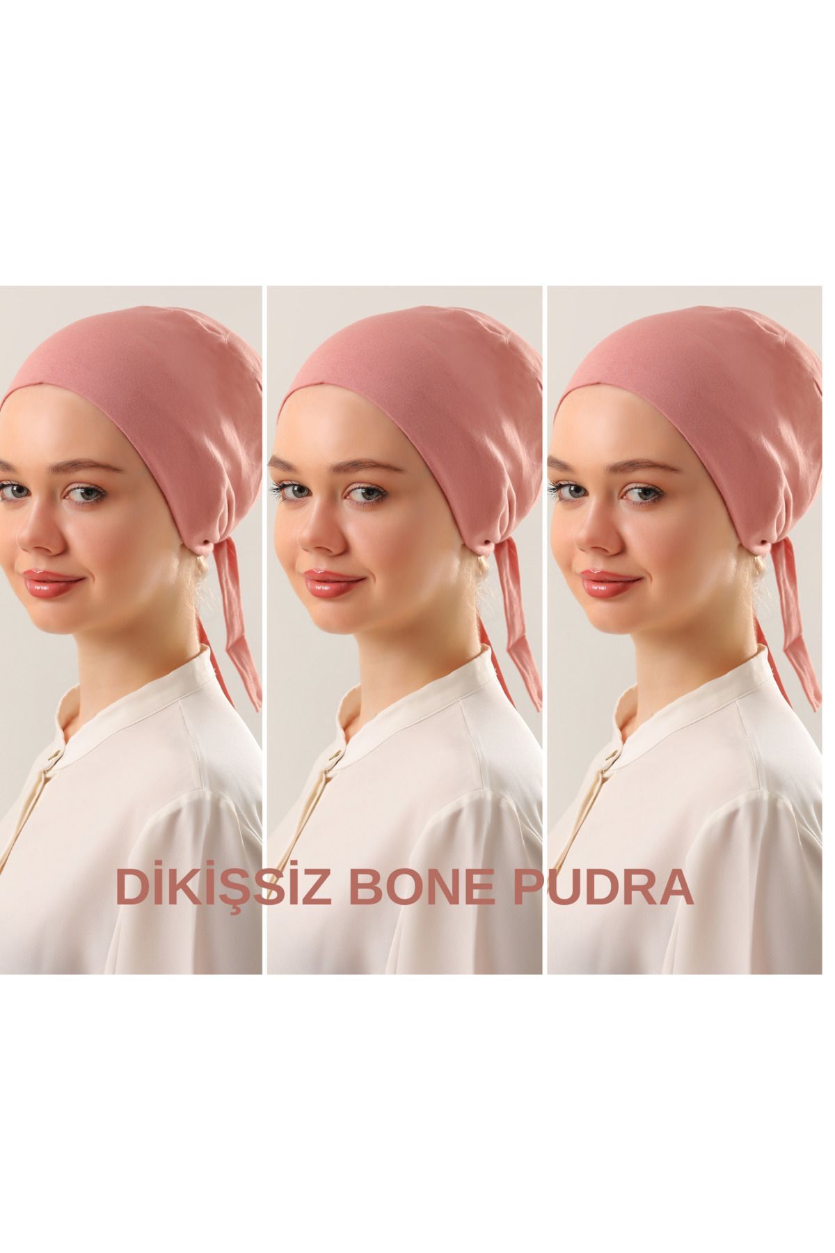 Kadın Tesettür Dikişsiz Set Bone Bağlamalı Penye Bone Pudra - 3 Adet