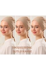 Kadın Tesettür Dikişsiz Set Bone Bağlamalı Penye Bone Sütlü Kahve - 3 Adet