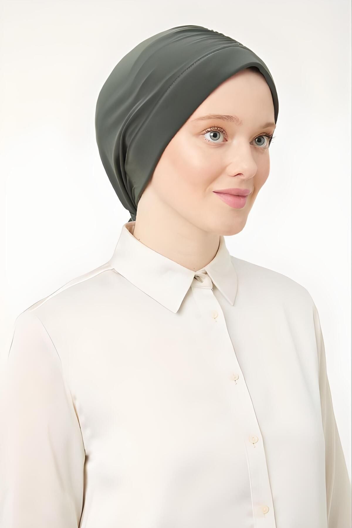 Kadın Tesettür Dubai Arkadan Bağlamalı Bone Şal Haki