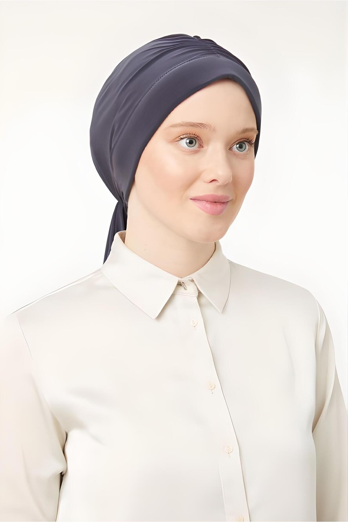 Kadın Tesettür Dubai Arkadan Bağlamalı Bone Şal Koyu Gri