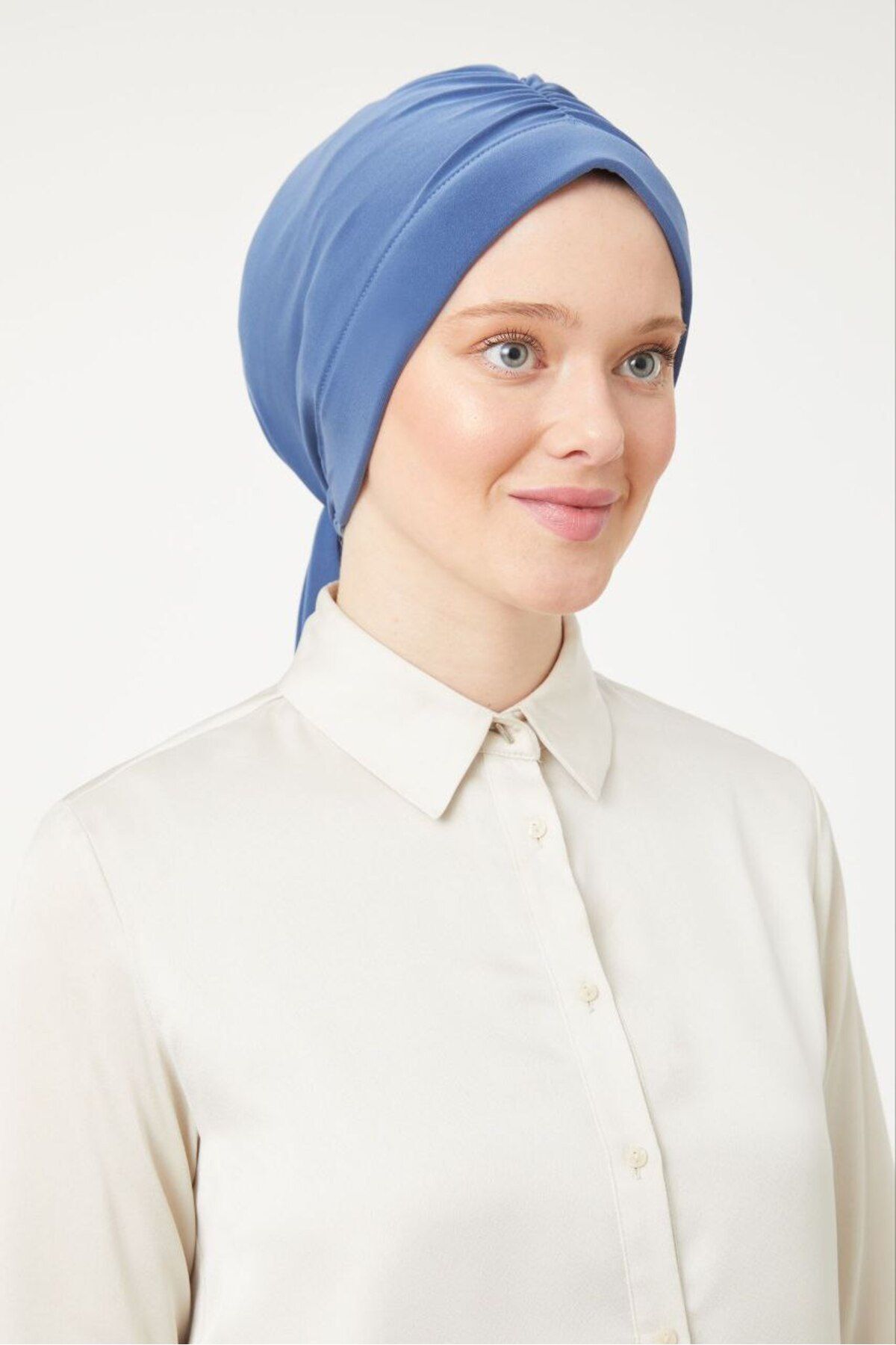 Kadın Tesettür Dubai Arkadan Bağlamalı Bone Şal Mavi