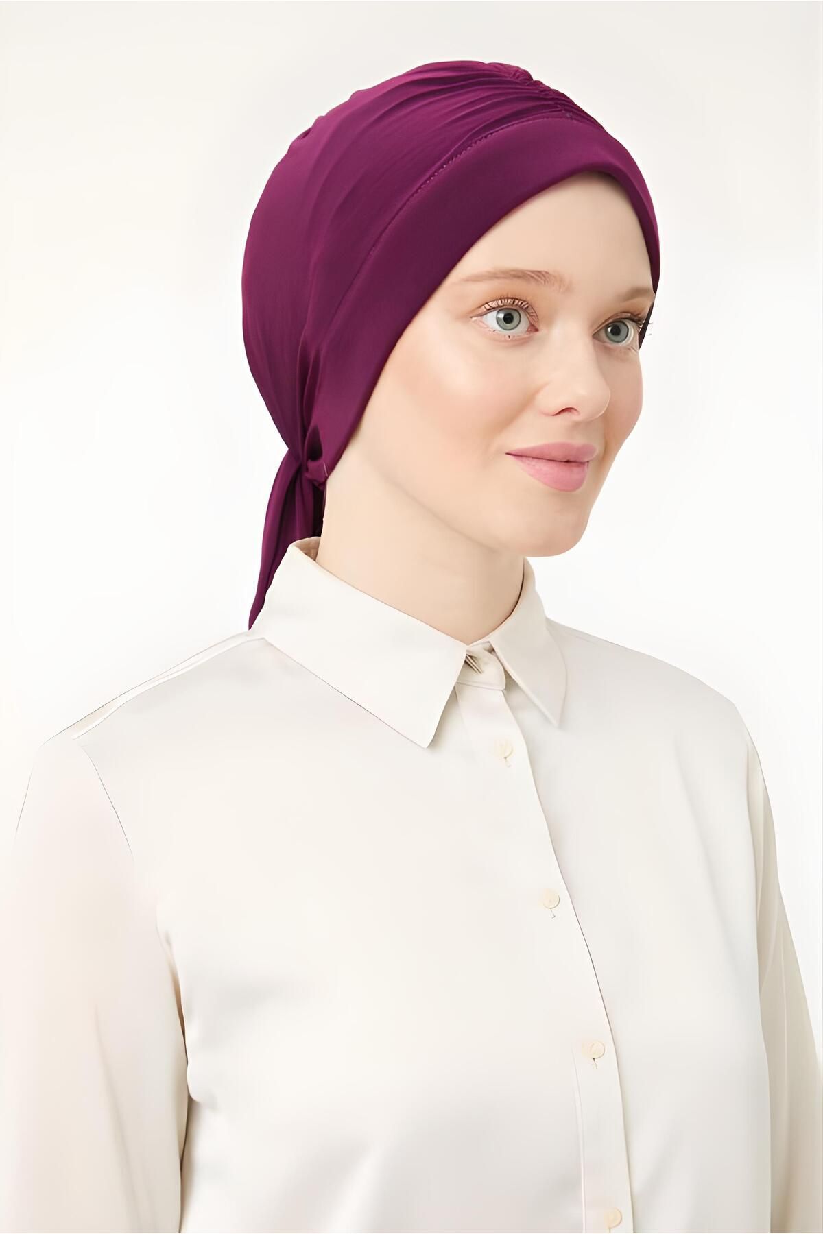 Kadın Tesettür Dubai Arkadan Bağlamalı Bone Şal Mor