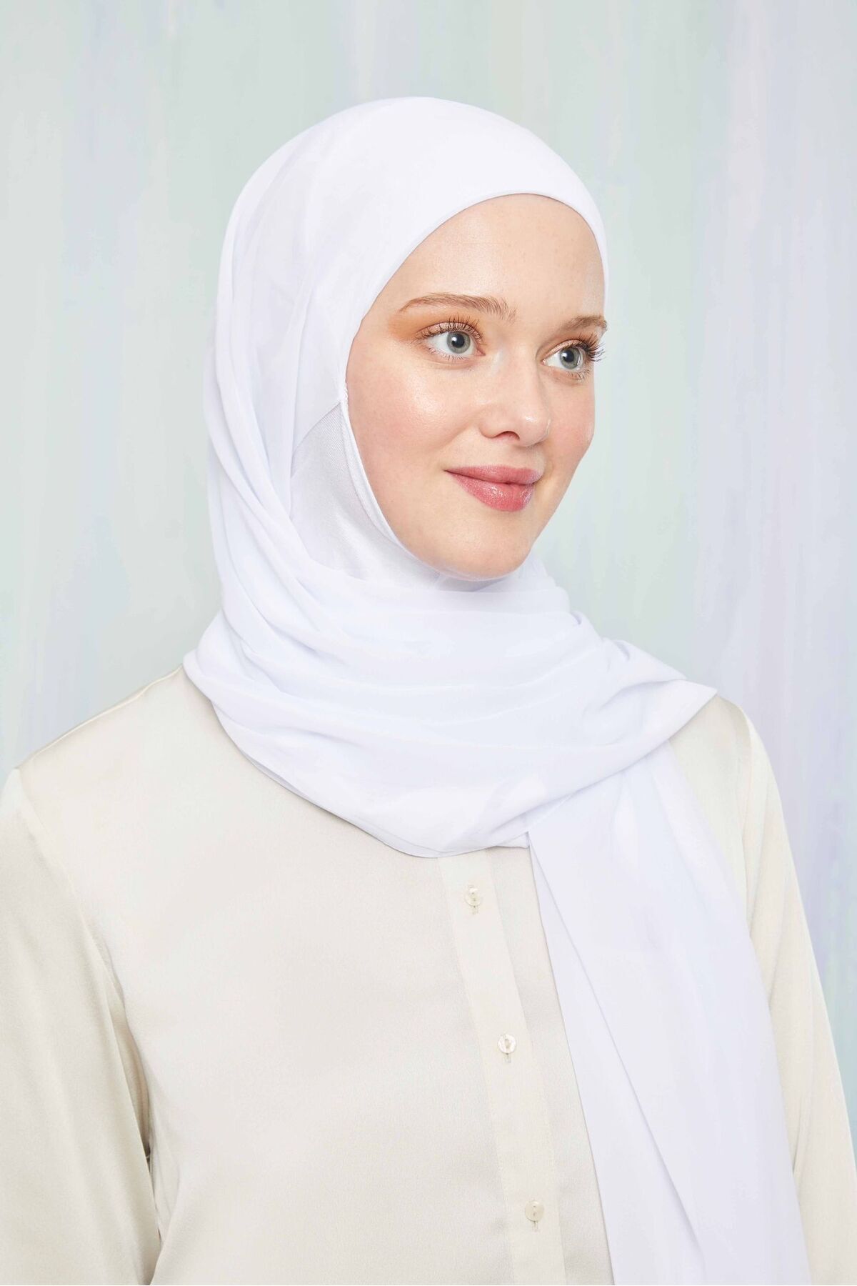 Kadın Tesettür Hijab Boneli Şifon Şal Beyaz - Tek Ebat