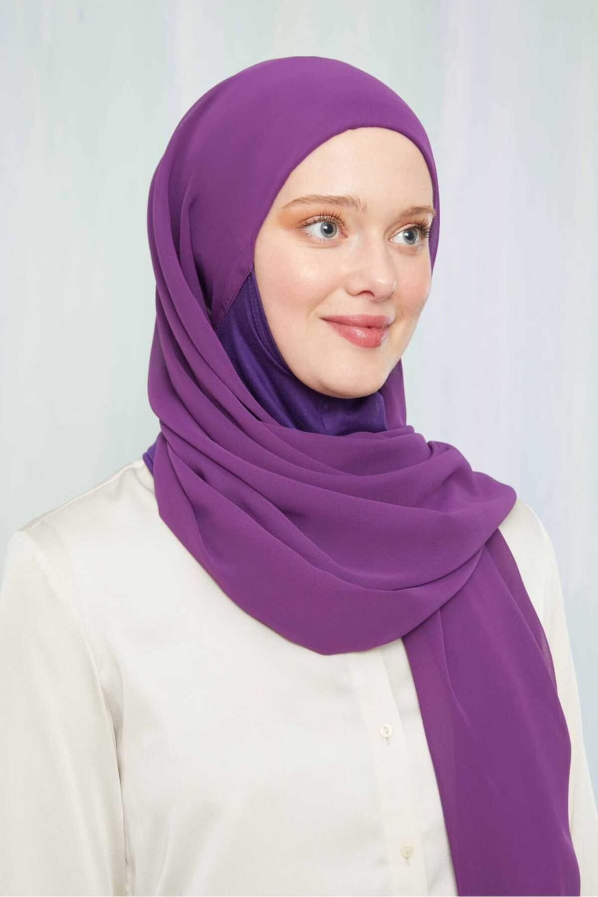Kadın Tesettür Hijab Boneli Şifon Şal Mor - Tek Ebat