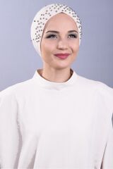 Kadın Tesettür İncili Taşlı Havuz Dış Bone Ekru - Standart