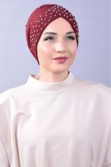 Kadın Tesettür İncili Taşlı Havuz Dış Bone Kırmızı - Standart
