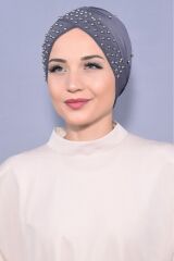 Kadın Tesettür İncili Taşlı Havuz Dış Bone Koyu Gri - Standart