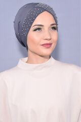 Kadın Tesettür İncili Taşlı Havuz Dış Bone Koyu Gri - Standart
