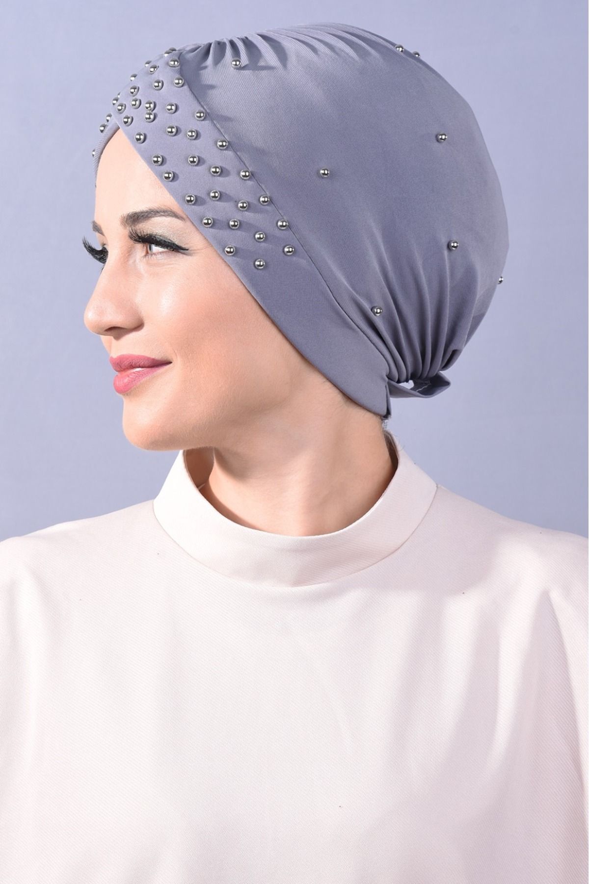 Kadın Tesettür İncili Taşlı Havuz Dış Bone Koyu Gri - Standart