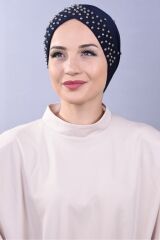 Kadın Tesettür İncili Taşlı Havuz Dış Bone Lacivert - Standart