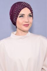 Kadın Tesettür İncili Taşlı Havuz Dış Bone Mor - Standart