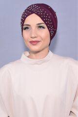 Kadın Tesettür İncili Taşlı Havuz Dış Bone Mor - Standart