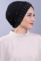 Kadın Tesettür İncili Taşlı Havuz Dış Bone Siyah - Standart