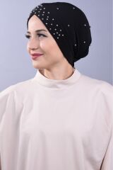 Kadın Tesettür İncili Taşlı Havuz Dış Bone Siyah - Standart