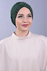Kadın Tesettür İncili Taşlı Havuz Dış Bone Zümrüt Yeşili - Standart
