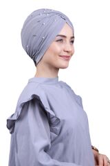 Kadın Tesettür İncili Taşlı Vera Dış Bone Açık Gri - Standart