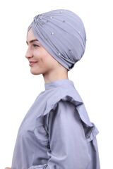 Kadın Tesettür İncili Taşlı Vera Dış Bone Açık Gri - Standart