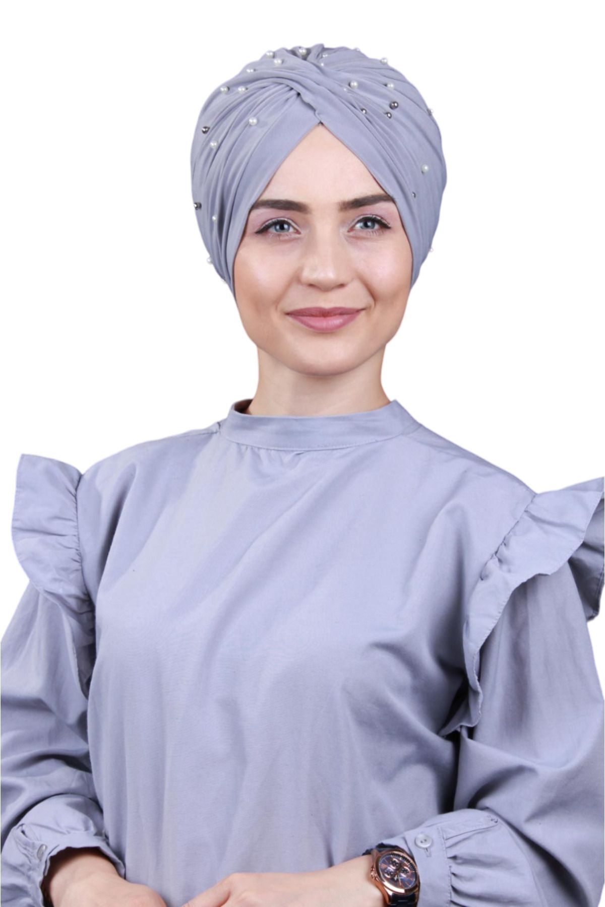 Kadın Tesettür İncili Taşlı Vera Dış Bone Açık Gri - Standart