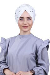 Kadın Tesettür İncili Taşlı Vera Dış Bone Beyaz - Standart