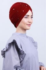 Kadın Tesettür İncili Taşlı Vera Dış Bone Bordo - Standart