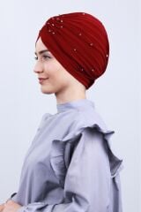 Kadın Tesettür İncili Taşlı Vera Dış Bone Bordo - Standart