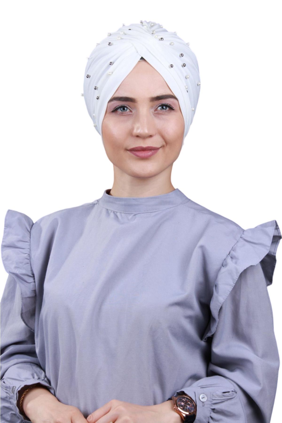 Kadın Tesettür İncili Taşlı Vera Dış Bone Ekru - Standart