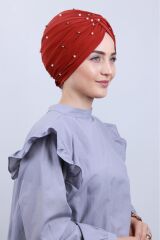 Kadın Tesettür İncili Taşlı Vera Dış Bone Kırmızı - Standart