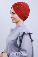 Kadın Tesettür İncili Taşlı Vera Dış Bone Kırmızı - Standart