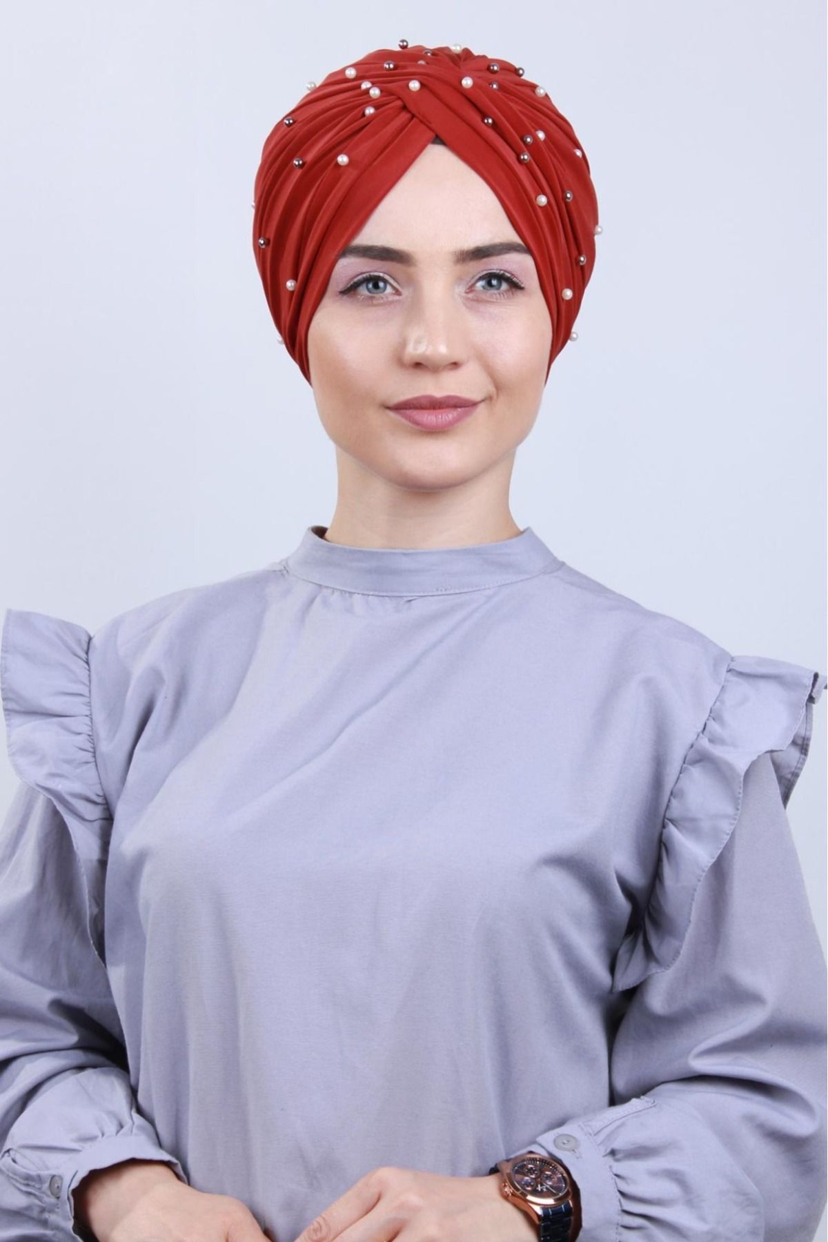 Kadın Tesettür İncili Taşlı Vera Dış Bone Kırmızı - Standart