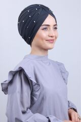 Kadın Tesettür İncili Taşlı Vera Dış Bone Koyu Gri - Standart